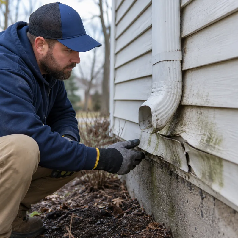 Stained and warped siding near a downspout outlet