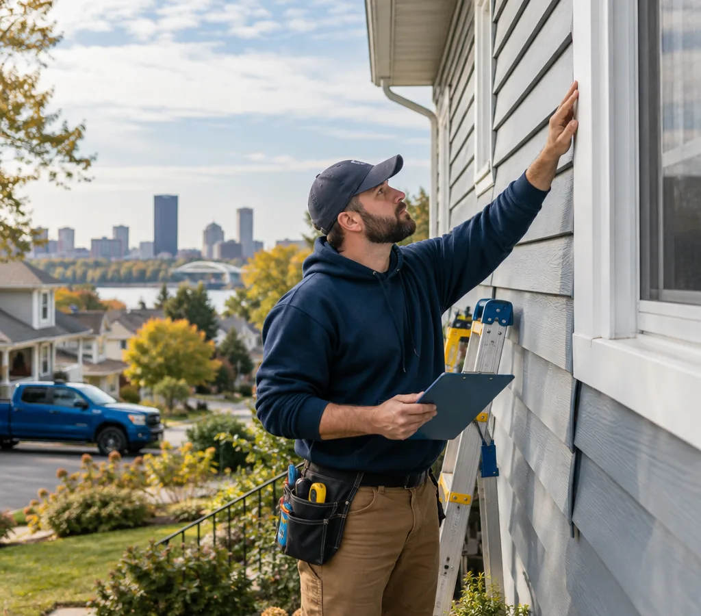 Contractor measuring and inspecting siding courses, corners, and trim on a Rochester home