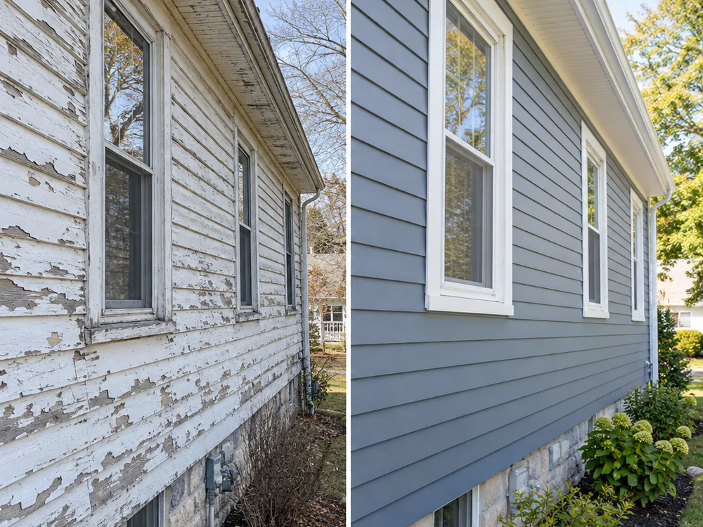 Weathered exterior boards contrasted with updated siding and refreshed fascia and soffit lines