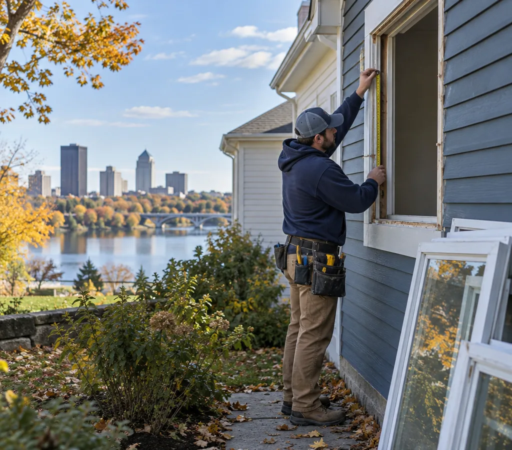 Contractor measuring an existing home window opening with replacement windows staged nearby