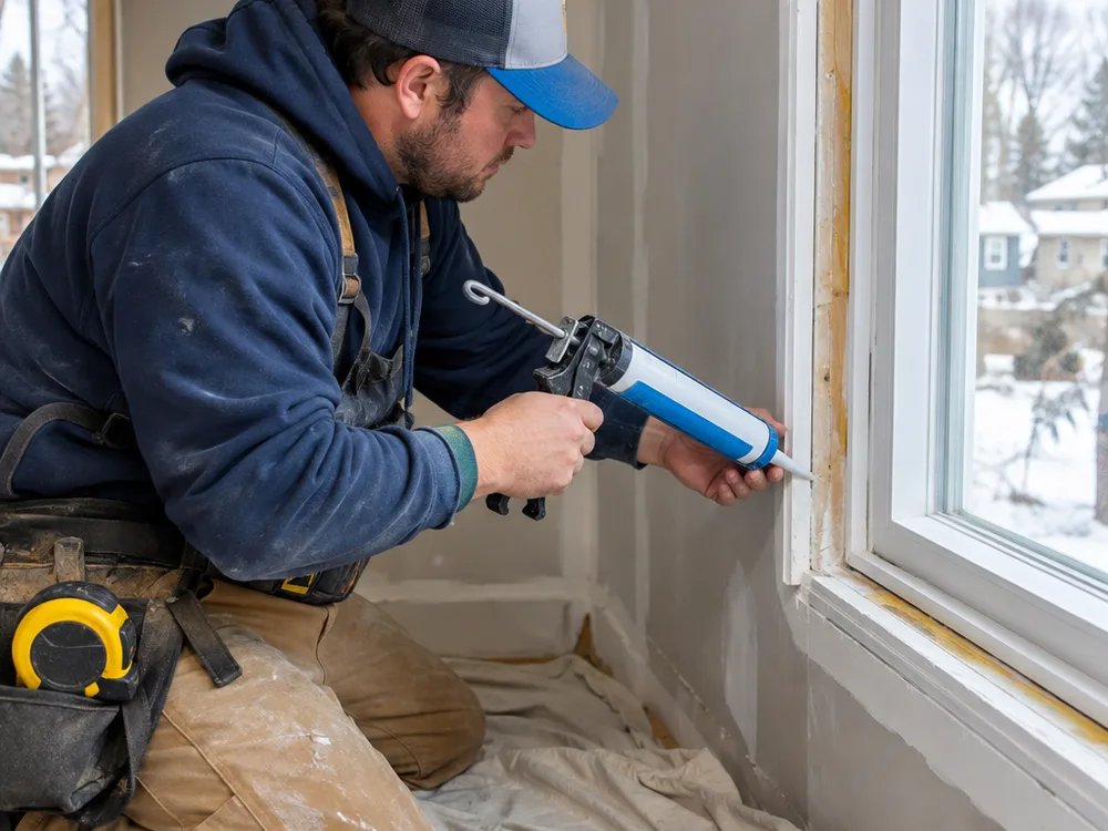 Contractor sealing and insulating around a window frame during installation
