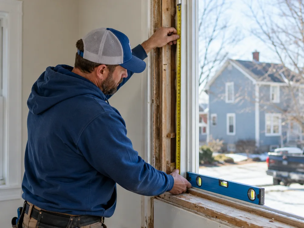 Contractor checking an exposed window opening for square and level