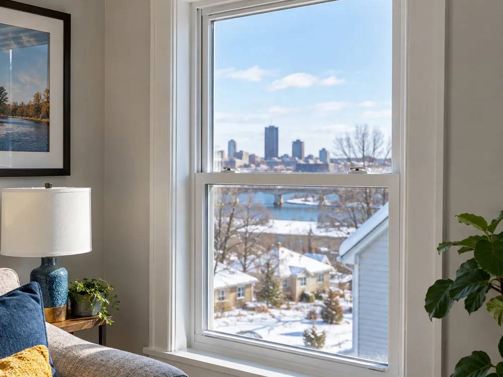New double-hung replacement window with finished interior trim and an even sash reveal