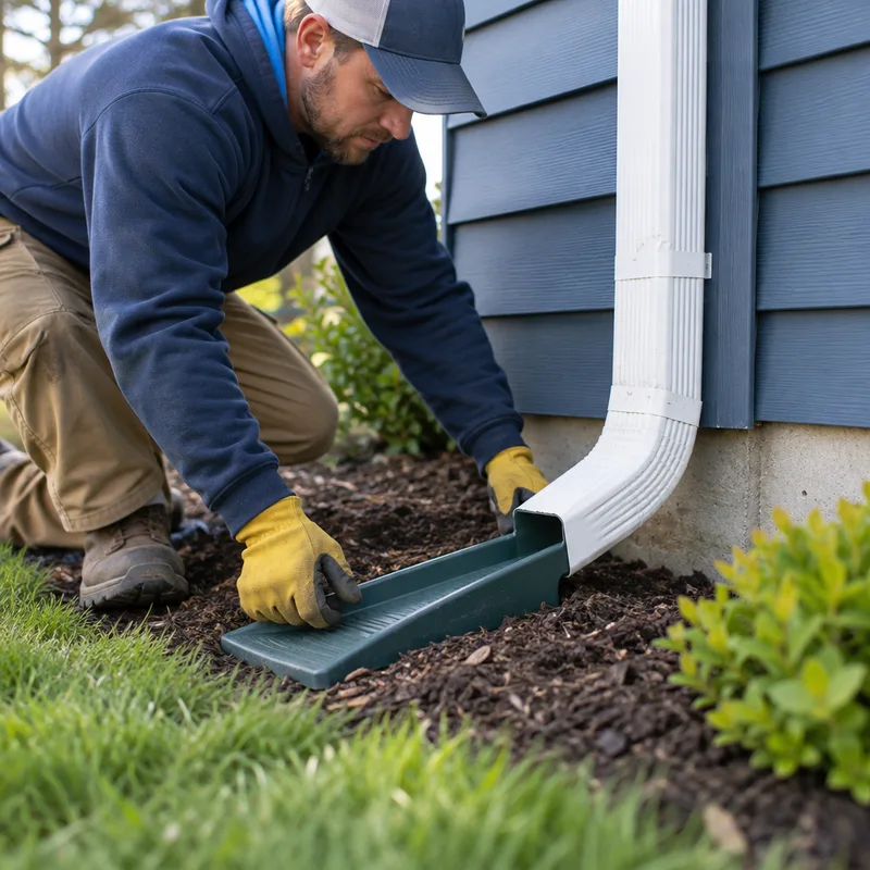 Downspout elbow and discharge setup directing water away from the foundation at grade