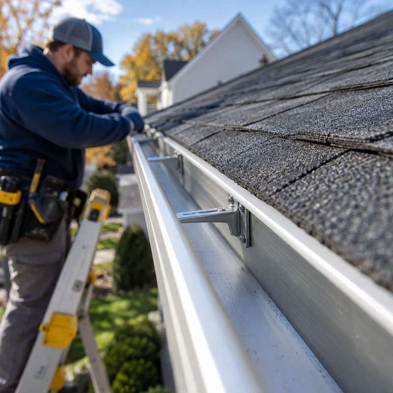 Hidden gutter hangers spaced along an aluminum K-style gutter with a straight roofline