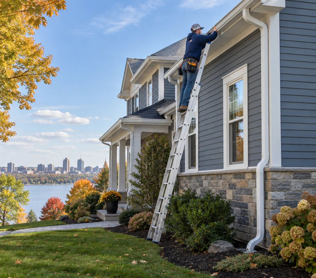 Rochester-area home with new gutters along the roof edge and downspouts routed cleanly to grade