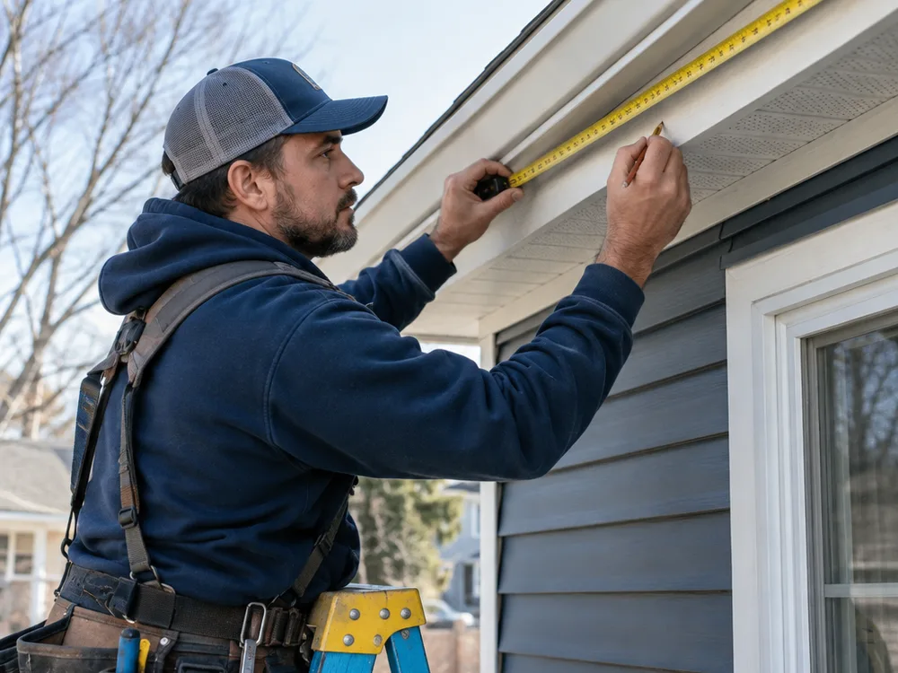 Contractor measuring fascia and marking downspout outlet locations before seamless gutter installation