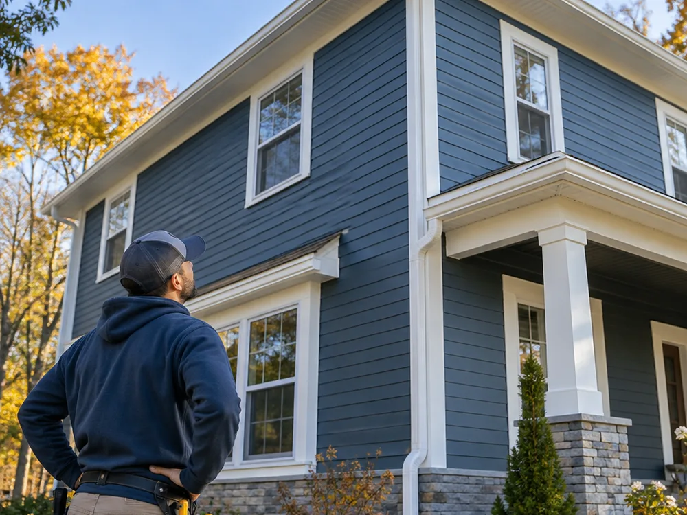 Finished gutter and downspout installation on a two-story home with downspouts aligned to corners and trim