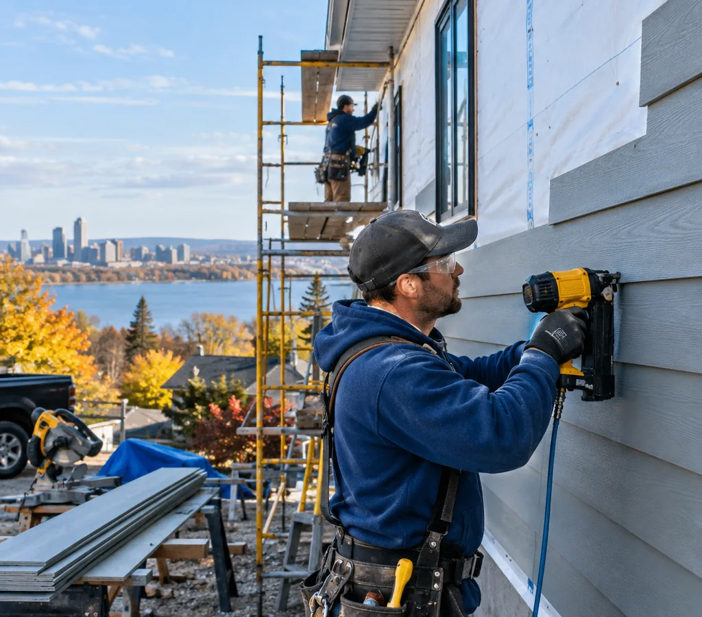 Contractor installing lap siding on a two-story home with housewrap and scaffolding visible