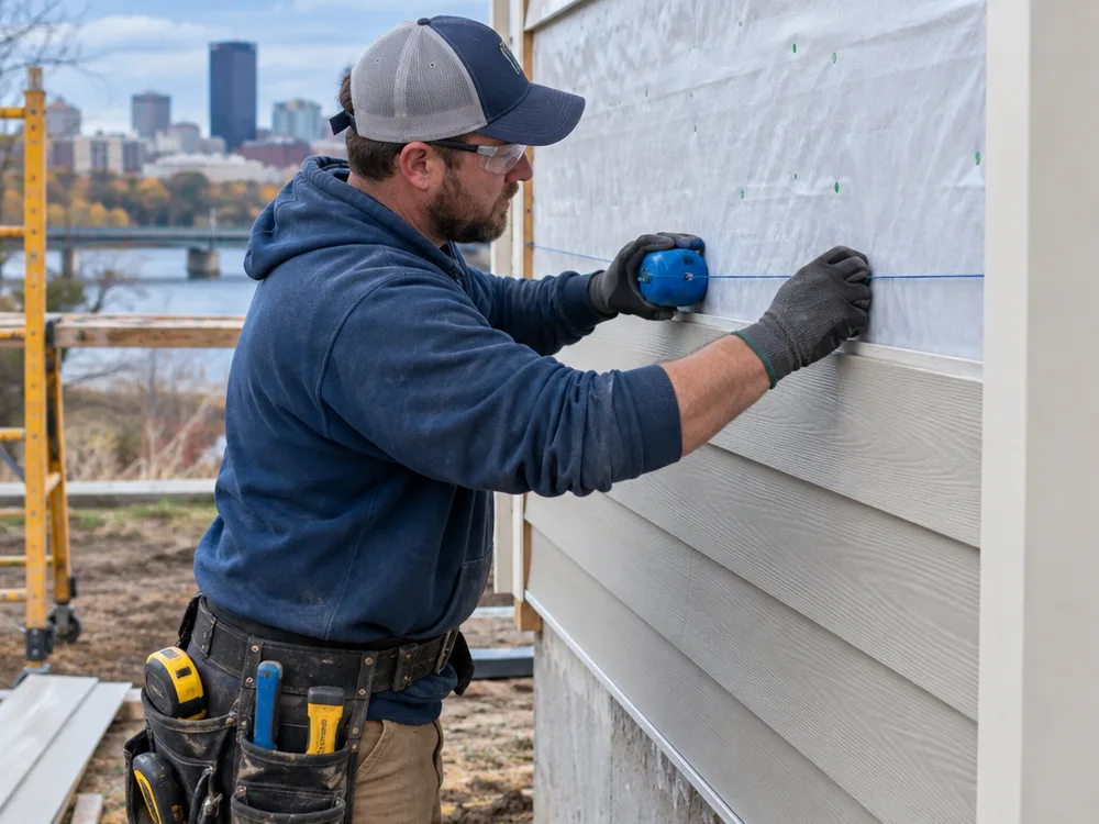 Contractor measuring and snapping a chalk line while installing lap siding with staggered seams