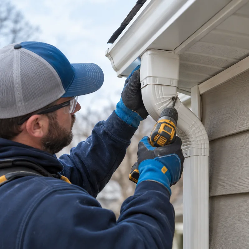Finished continuous-run aluminum gutters with clean corner miters and a downspout at the end