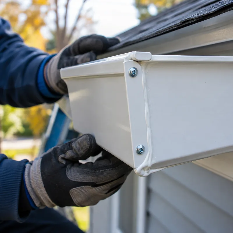 Separated leaking gutter seam with old sealant failure and water staining on the fascia