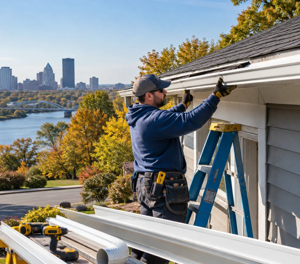 Contractor measuring an existing gutter run along the eave of a Rochester-area home before replacement