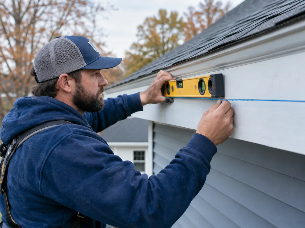 Contractor fastening hidden gutter hangers along a roof edge with proper alignment toward the downspout outlet