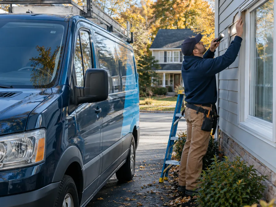 Contractor checking window head flashing and J-channel for moisture paths